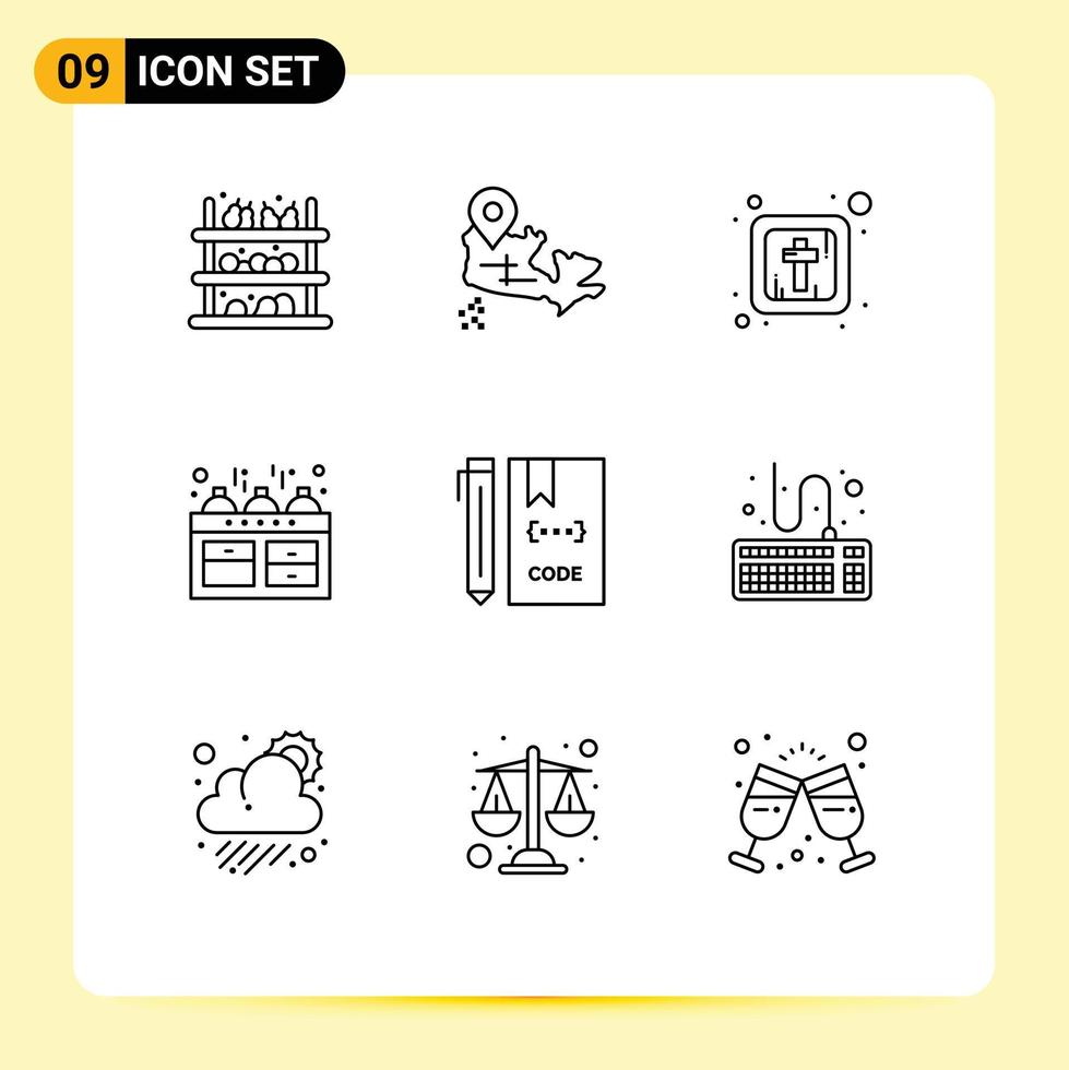 Mobile Interface Outline Set of 9 Pictograms of development coding cross code kitchen Editable Vector Design Elements