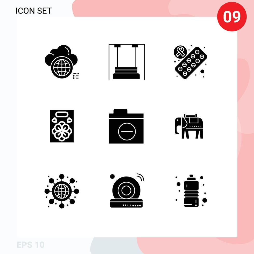 Modern Set of 9 Solid Glyphs and symbols such as negative gift kids love pills Editable Vector Design Elements
