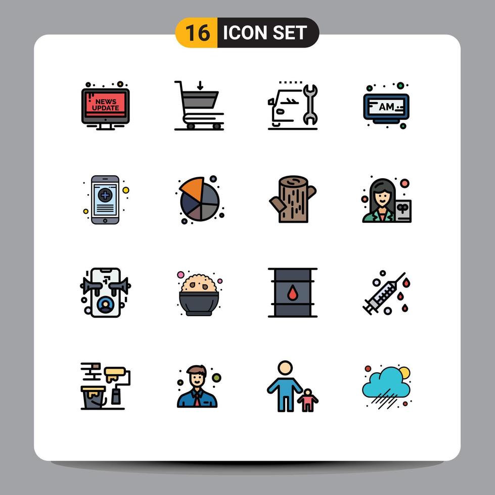 Set of 16 Vector Flat Color Filled Lines on Grid for outline time car clock alarm Editable Creative Vector Design Elements