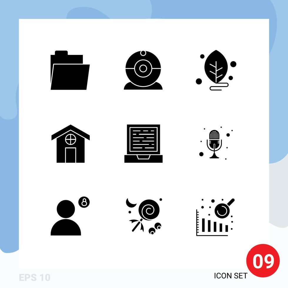 Pictogram Set of 9 Simple Solid Glyphs of microphone design leaf computer house Editable Vector Design Elements