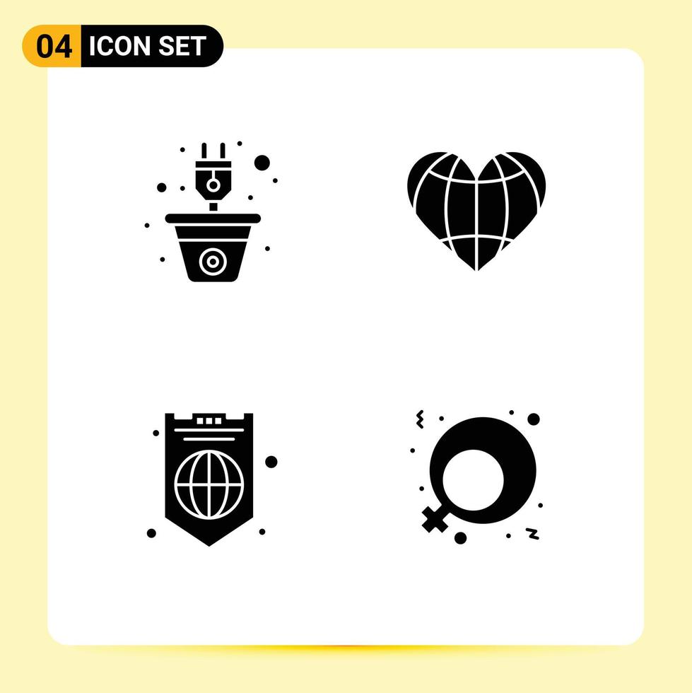 4 Thematic Vector Solid Glyphs and Editable Symbols of energy globe power love internet Editable Vector Design Elements