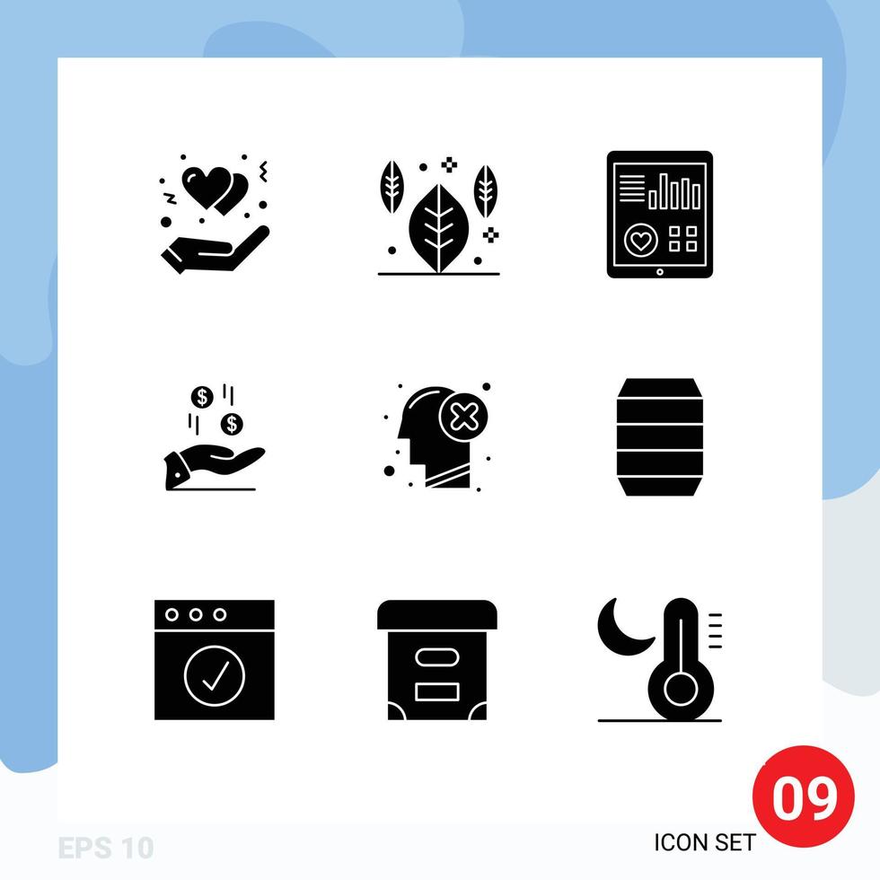 Mobile Interface Solid Glyph Set of 9 Pictograms of brain currency health money hand Editable Vector Design Elements