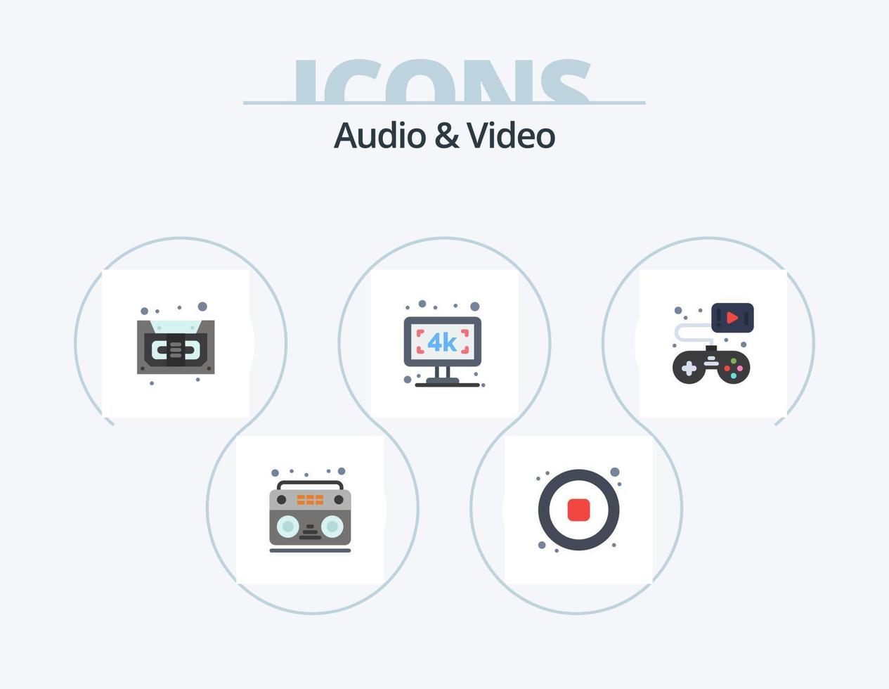 paquete de iconos planos de audio y video 5 diseño de iconos. juego. televisión k. audio. televisión. monitor vector