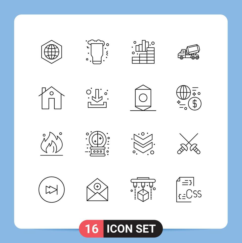 Modern Set of 16 Outlines and symbols such as roller construction glass cement graph Editable Vector Design Elements