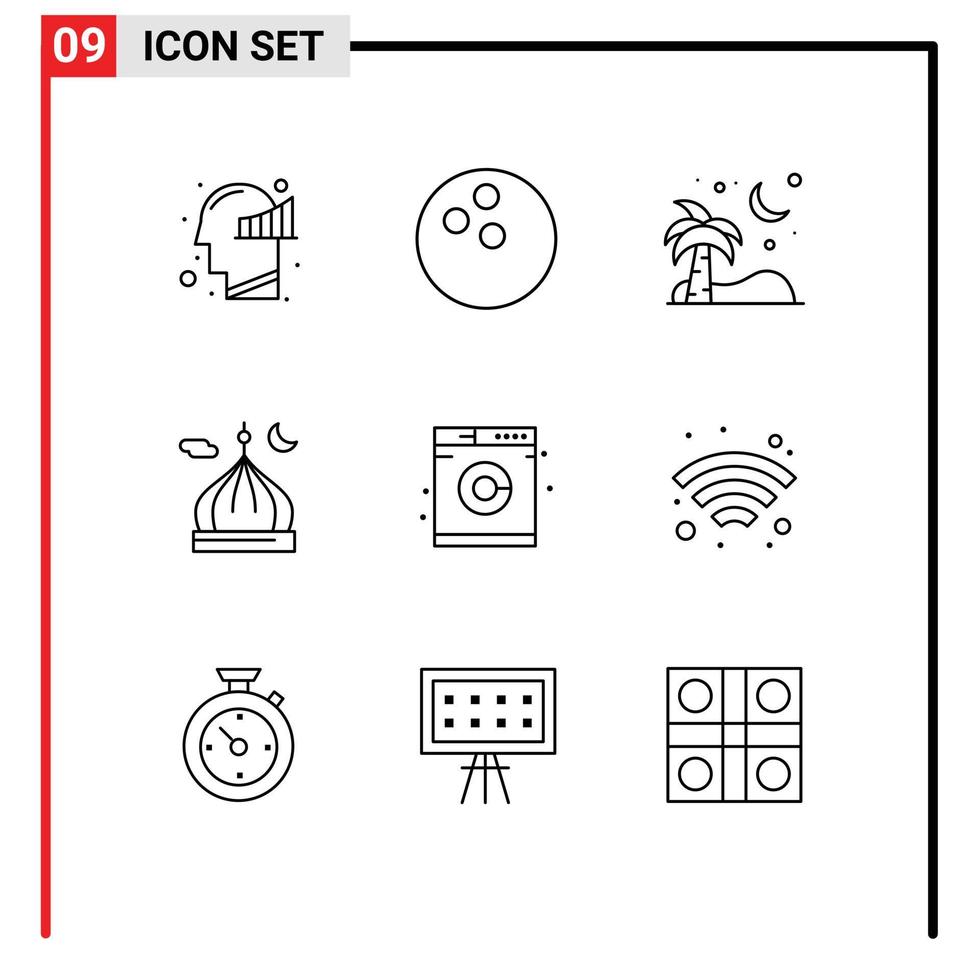 Stock Vector Icon Pack of 9 Line Signs and Symbols for machine pray beach moon masjid Editable Vector Design Elements