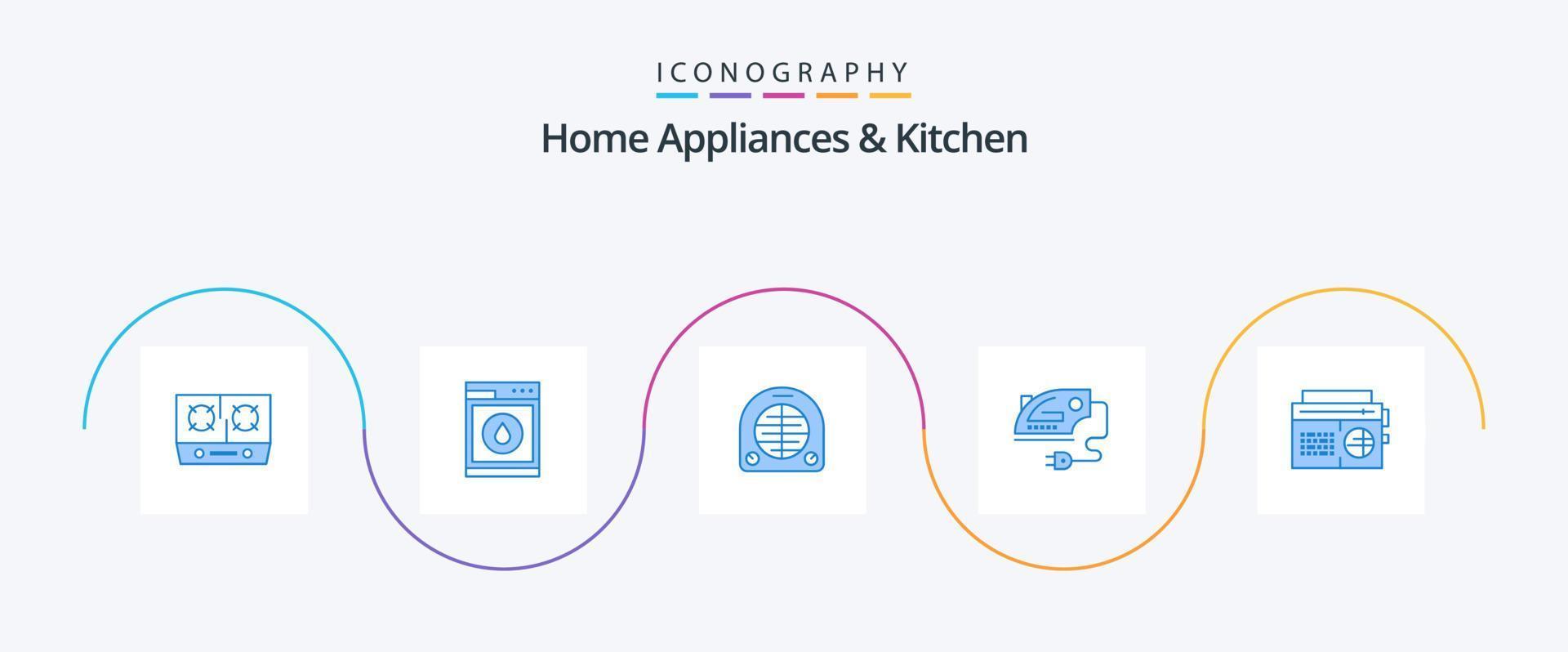 Home Appliances And Kitchen Blue 5 Icon Pack Including music. machine. fan. iron. electric vector