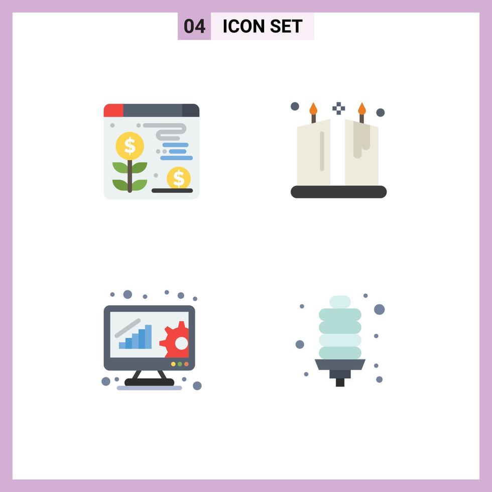 Group of 4 Flat Icons Signs and Symbols for web data management candle ornamental bulb Editable Vector Design Elements