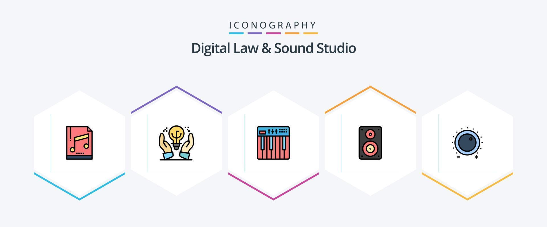 Digital Law And Sound Studio 25 FilledLine icon pack including professional. loudspeaker. controller. hifi. music vector