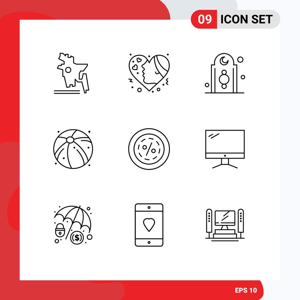 Mobile Interface Outline Set of 9 Pictograms of e summer decoration beach mosque Editable Vector Design Elements