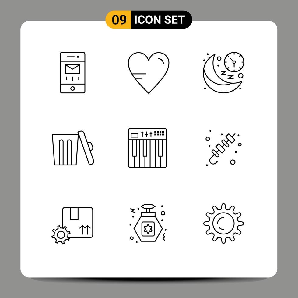 Pack of 9 Modern Outlines Signs and Symbols for Web Print Media such as controller garbage clock environment time Editable Vector Design Elements