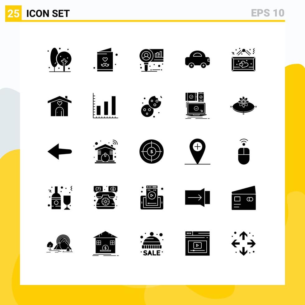 Set of 25 Vector Solid Glyphs on Grid for board travel card car research Editable Vector Design Elements
