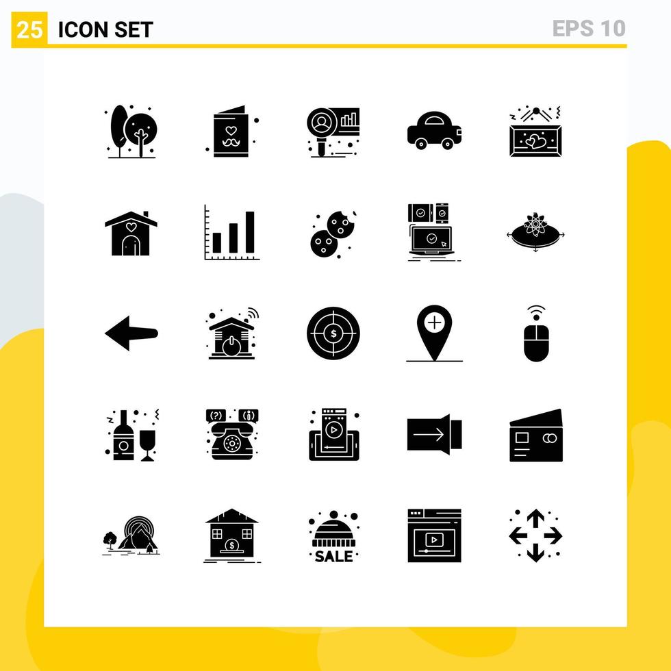 conjunto de 25 glifos sólidos vectoriales en cuadrícula para elementos de diseño vectorial editables de investigación de automóviles de tarjeta de viaje de tablero vector