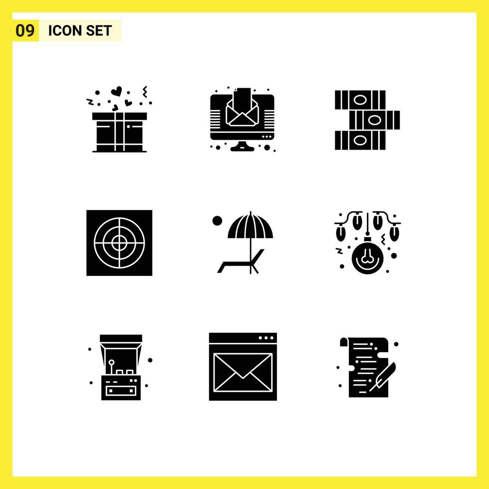 Mobile Interface Solid Glyph Set of 9 Pictograms of summer bench education umbrella fan Editable Vector Design Elements