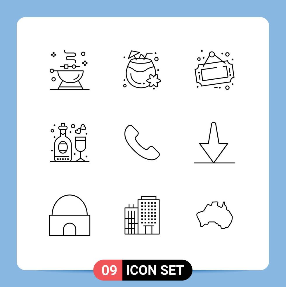 Outline Pack of 9 Universal Symbols of telephone wine sign party celebration Editable Vector Design Elements