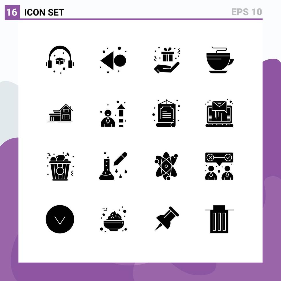 Group of 16 Solid Glyphs Signs and Symbols for efficiency building hand party house cleaning Editable Vector Design Elements