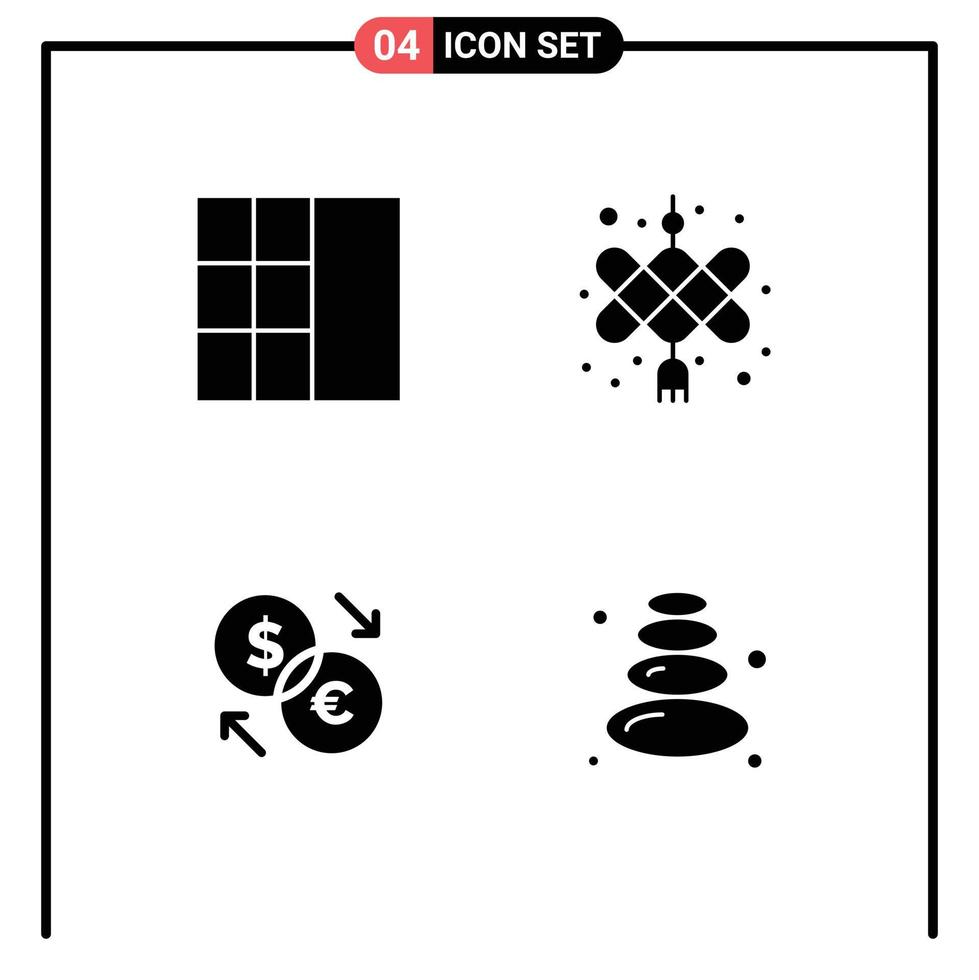 Modern Set of 4 Solid Glyphs Pictograph of grid euro cny currency lotus Editable Vector Design Elements