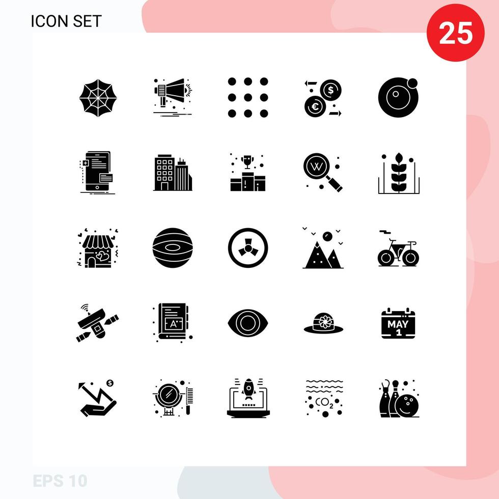 Group of 25 Modern Solid Glyphs Set for frontend orbit dial moon money Editable Vector Design Elements