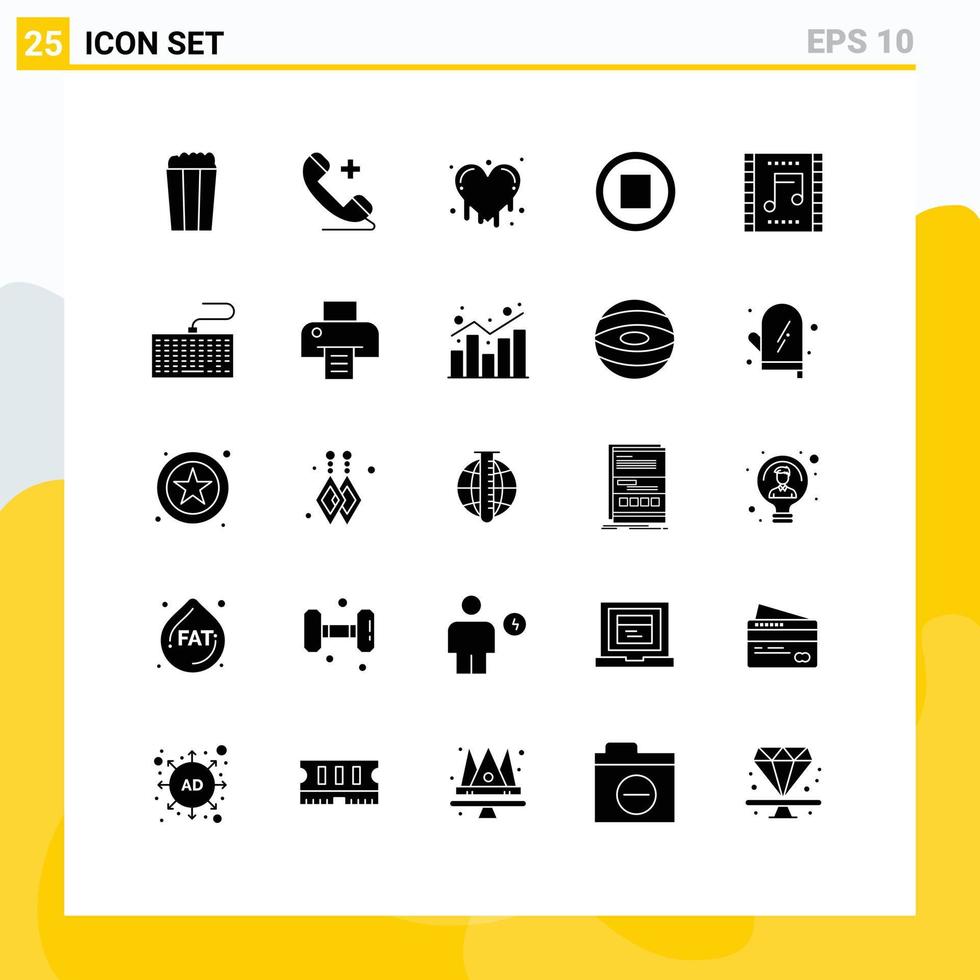 Set of 25 Modern UI Icons Symbols Signs for music scene music crazy love concert stop Editable Vector Design Elements