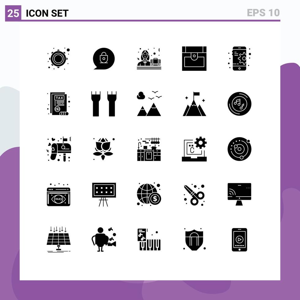 25 Universal Solid Glyph Signs Symbols of document gear women configuration pirate Editable Vector Design Elements