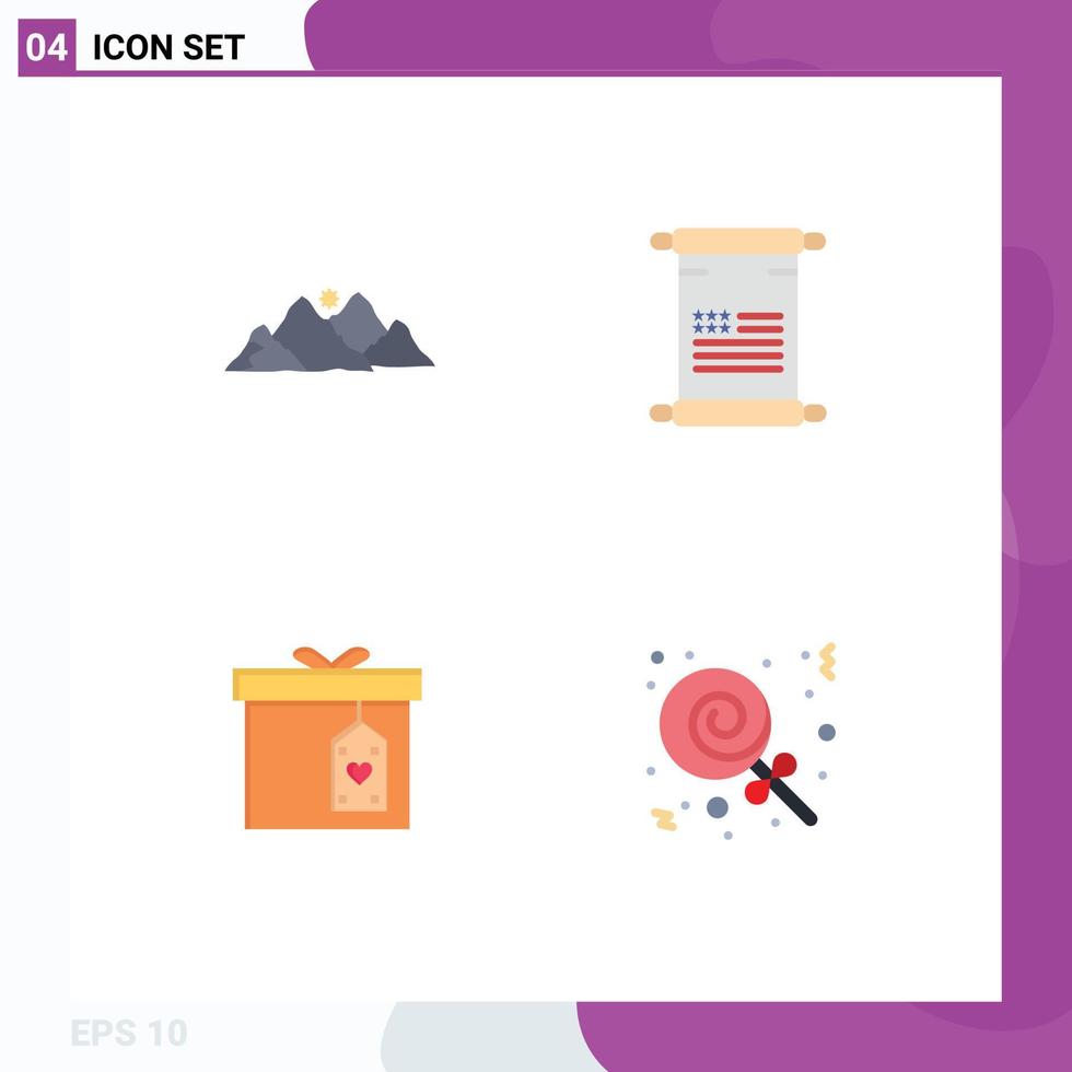 Pack of 4 creative Flat Icons of mountain gift box nature text surprize Editable Vector Design Elements