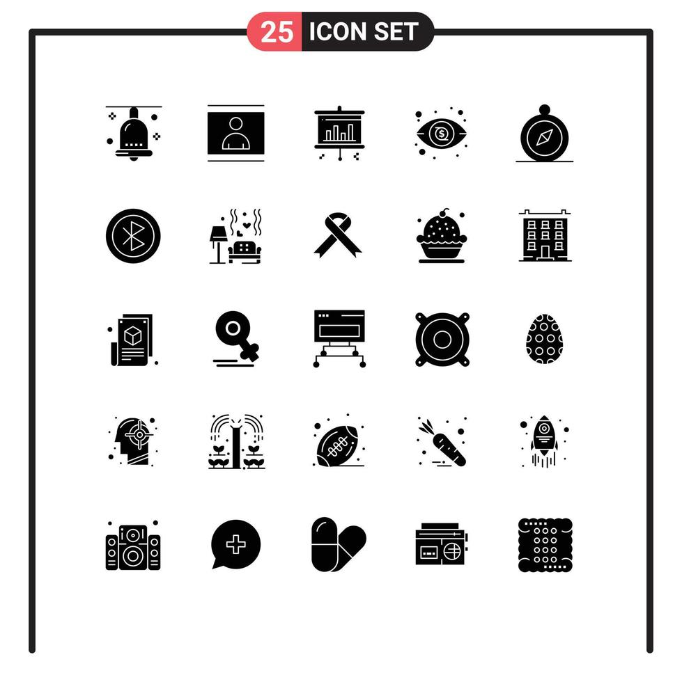 25 Universal Solid Glyph Signs Symbols of compass view photo investment screen Editable Vector Design Elements