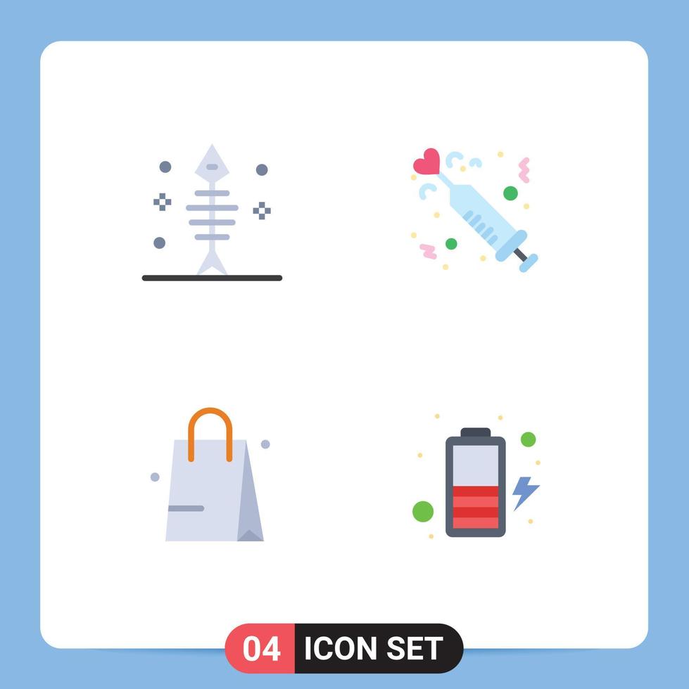 4 iconos planos universales establecidos para aplicaciones web y móviles huesos handbeg mariscos inyección compras elementos de diseño vectorial editables vector