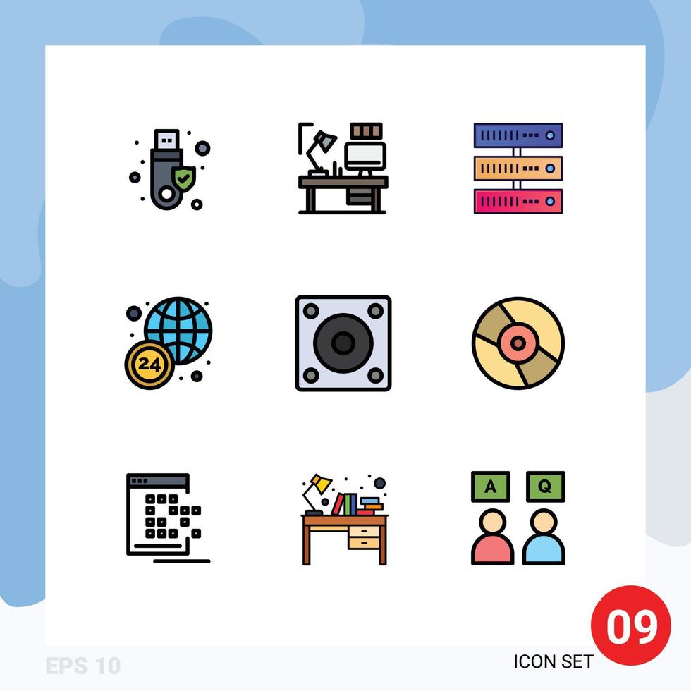 Pack of 9 Modern Filledline Flat Colors Signs and Symbols for Web Print Media such as gadgets hours designer news network Editable Vector Design Elements