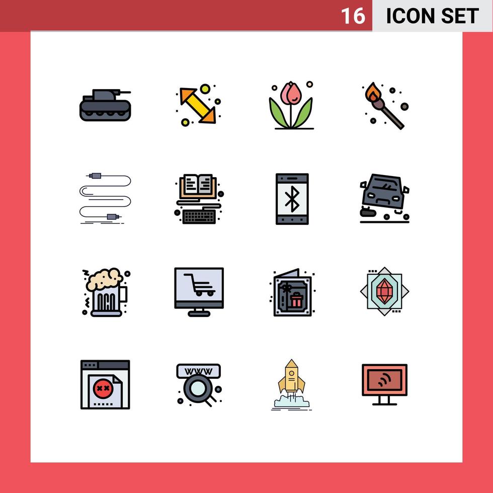 16 Universal Flat Color Filled Lines Set for Web and Mobile Applications cable match up right fire spring Editable Creative Vector Design Elements