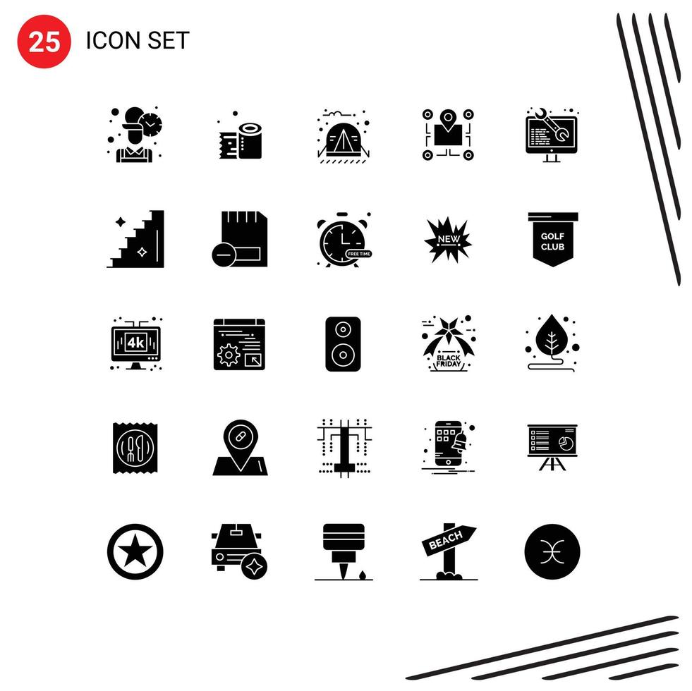 Pack of 25 creative Solid Glyphs of coding area camp chip location Editable Vector Design Elements