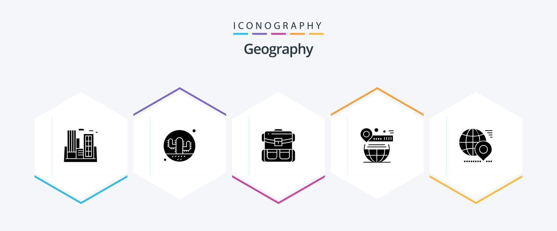 paquete de iconos de 25 glifos de geografía que incluye el mundo. mapa. planta. senderismo. bolso vector