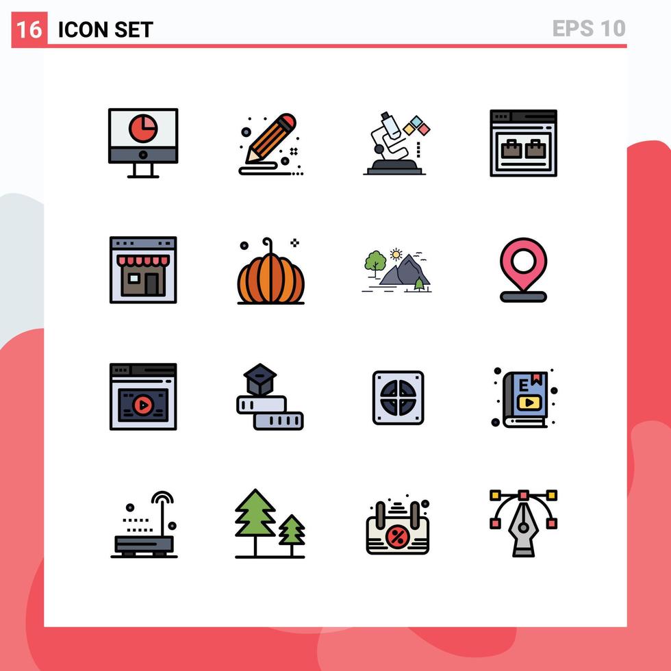 Modern Set of 16 Flat Color Filled Lines Pictograph of website page draw internet lab Editable Creative Vector Design Elements