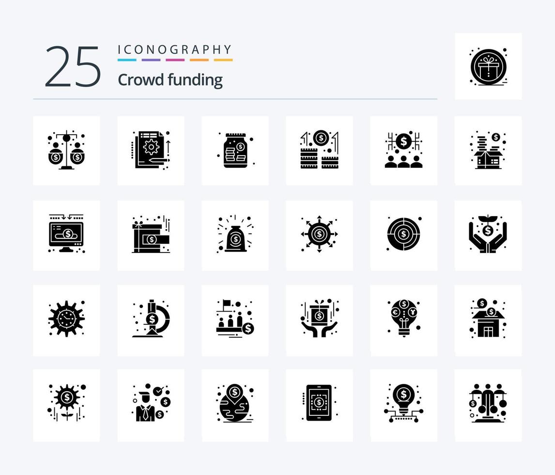 paquete de iconos de 25 glifos sólidos de crowdfunding que incluye el inicio. carrera. en los negocios. empresa vector