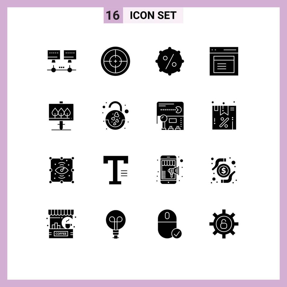 16 User Interface Solid Glyph Pack of modern Signs and Symbols of sign window discount user interface Editable Vector Design Elements