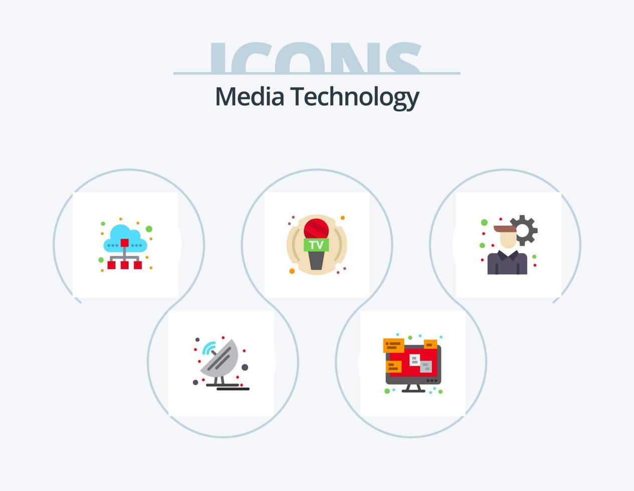 paquete de iconos planos de tecnología de medios 5 diseño de iconos. Noticias. el periodista. monitor. dispositivo. tráfico de datos vector