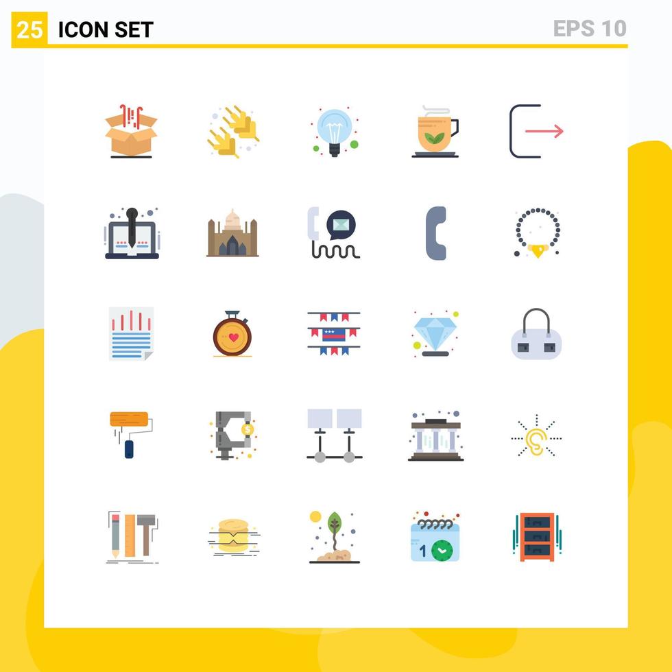Pack of 25 Modern Flat Colors Signs and Symbols for Web Print Media such as logout tea education green light bulb Editable Vector Design Elements