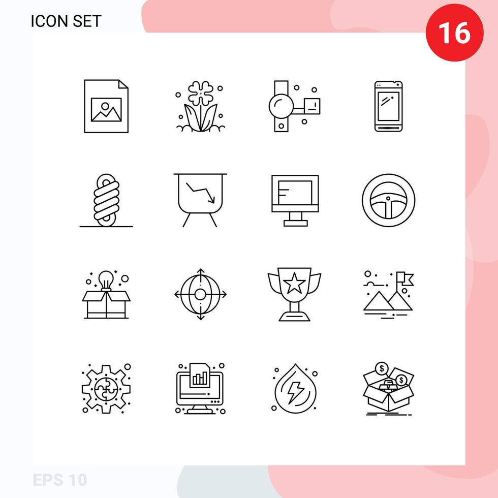 Pictogram Set of 16 Simple Outlines of power bank mobile camcorder smart phone video camera Editable Vector Design Elements