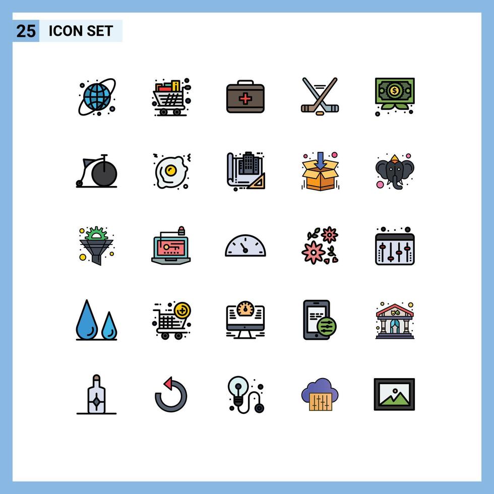 paquete de 25 modernos signos y símbolos de colores planos de línea rellena para medios de impresión web, como bolsa de negocios de diploma, elementos de diseño de vectores editables de deporte de hielo americano