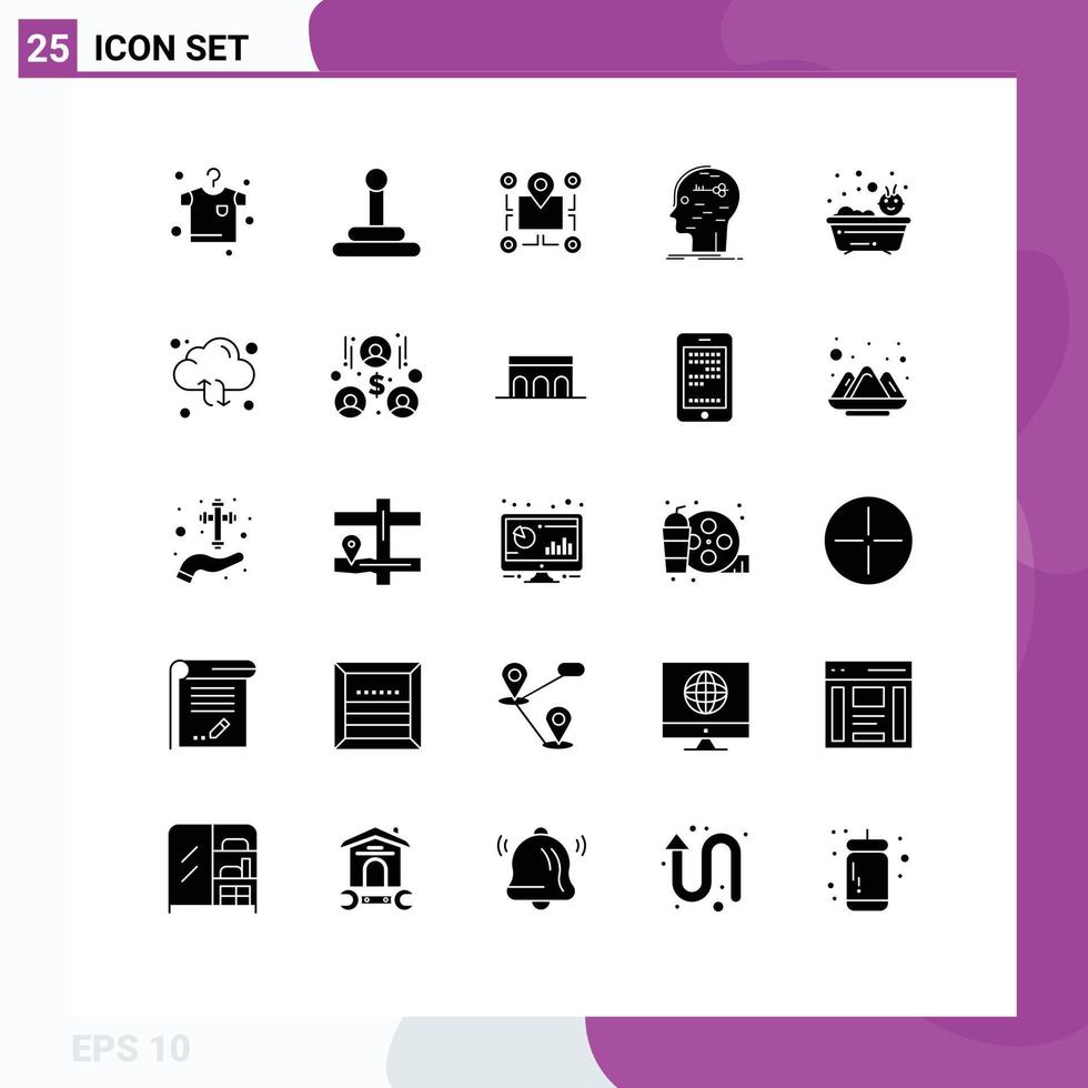Pack of 25 Modern Solid Glyphs Signs and Symbols for Web Print Media such as bathing baby area mind hacking Editable Vector Design Elements