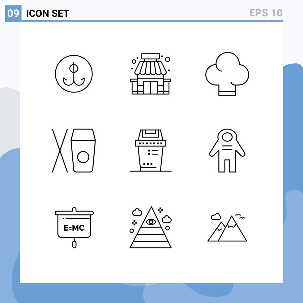 Modern Set of 9 Outlines Pictograph of trash equipment chef bin chinese Editable Vector Design Elements