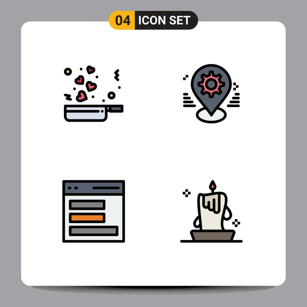 Pack of 4 creative Filledline Flat Colors of cooking communication romance map interface Editable Vector Design Elements