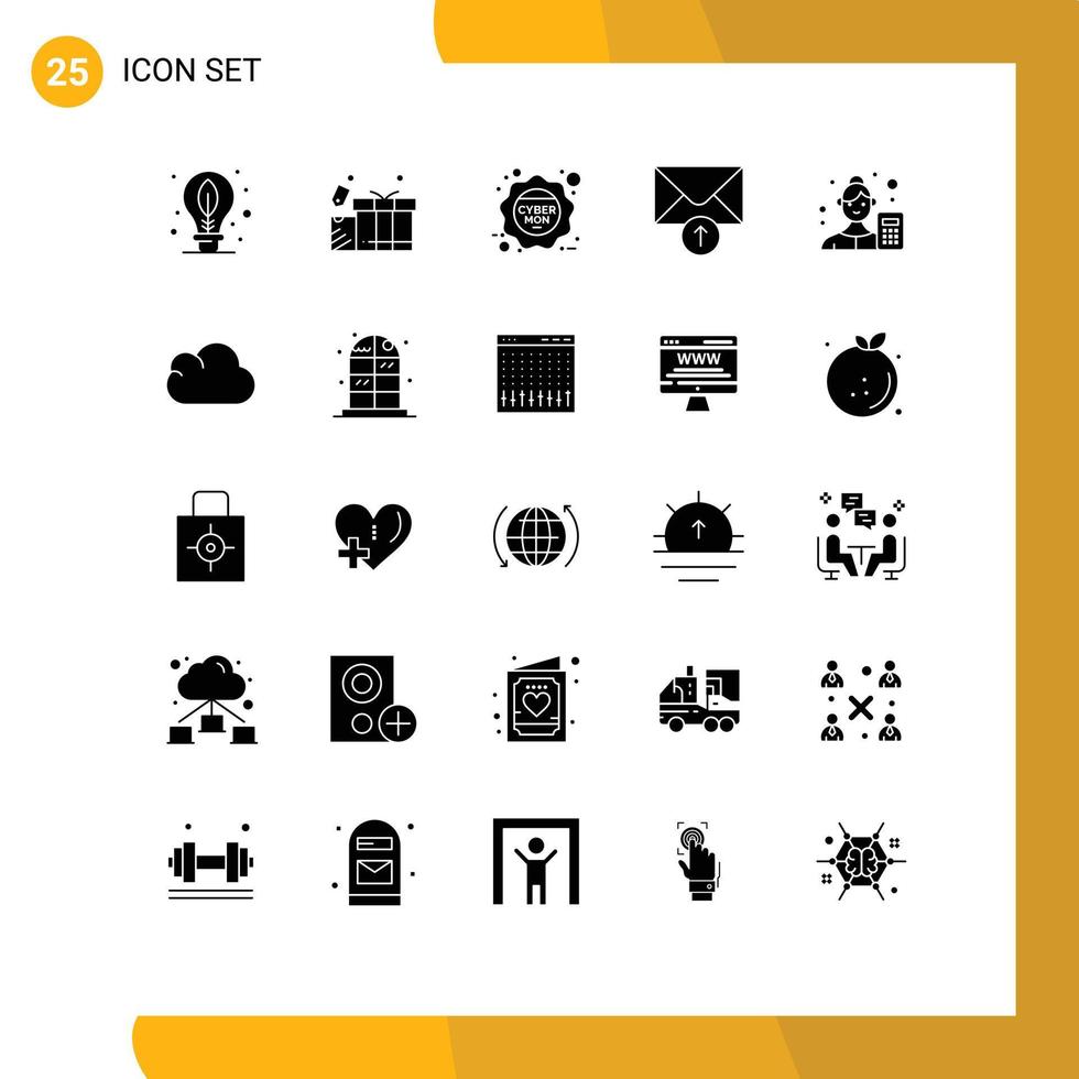 25 Thematic Vector Solid Glyphs and Editable Symbols of analyzer female cyber monday receive mail Editable Vector Design Elements