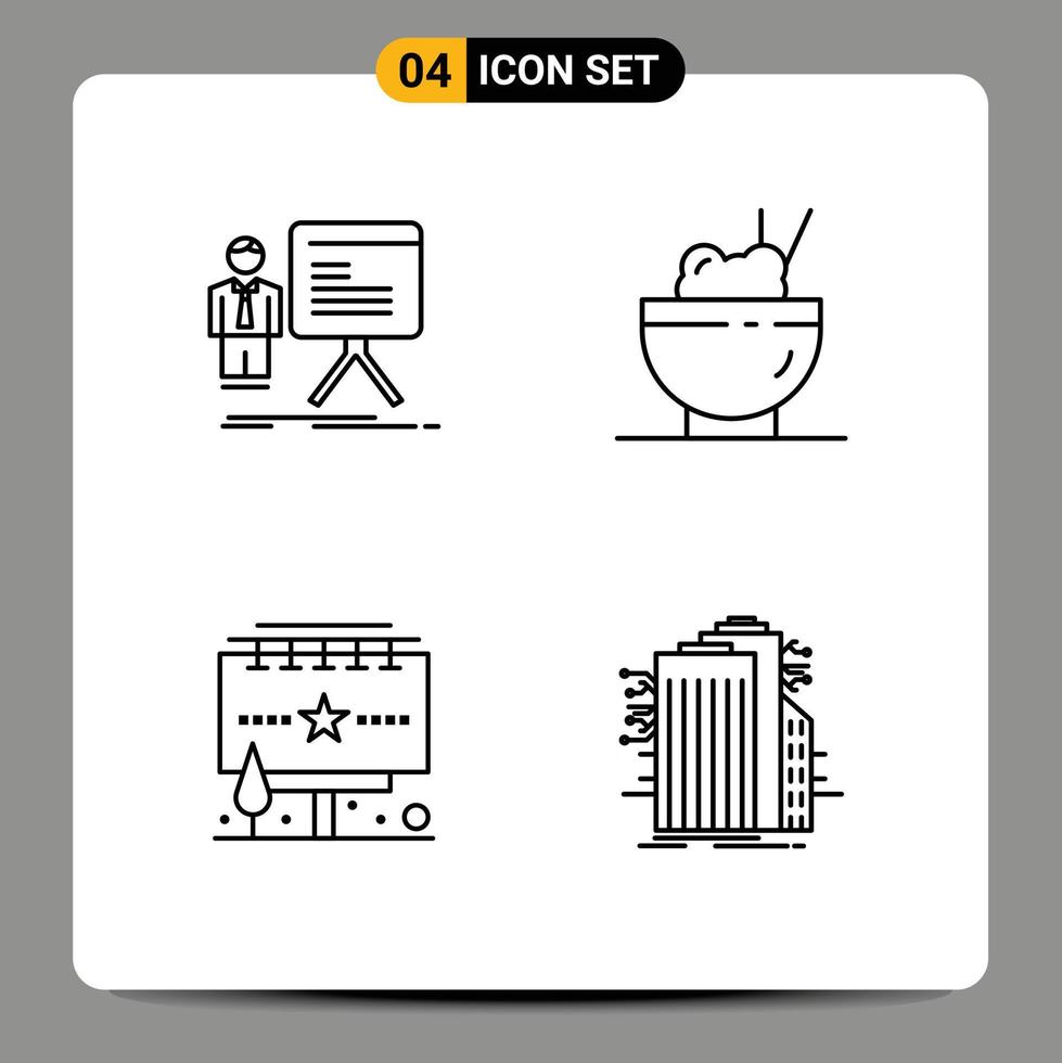 Pack of 4 Modern Filledline Flat Colors Signs and Symbols for Web Print Media such as presentation advertisement graph food billboard Editable Vector Design Elements
