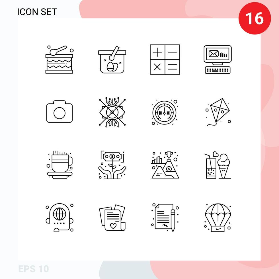 Group of 16 Modern Outlines Set for ar camera finance instagram marketing Editable Vector Design Elements