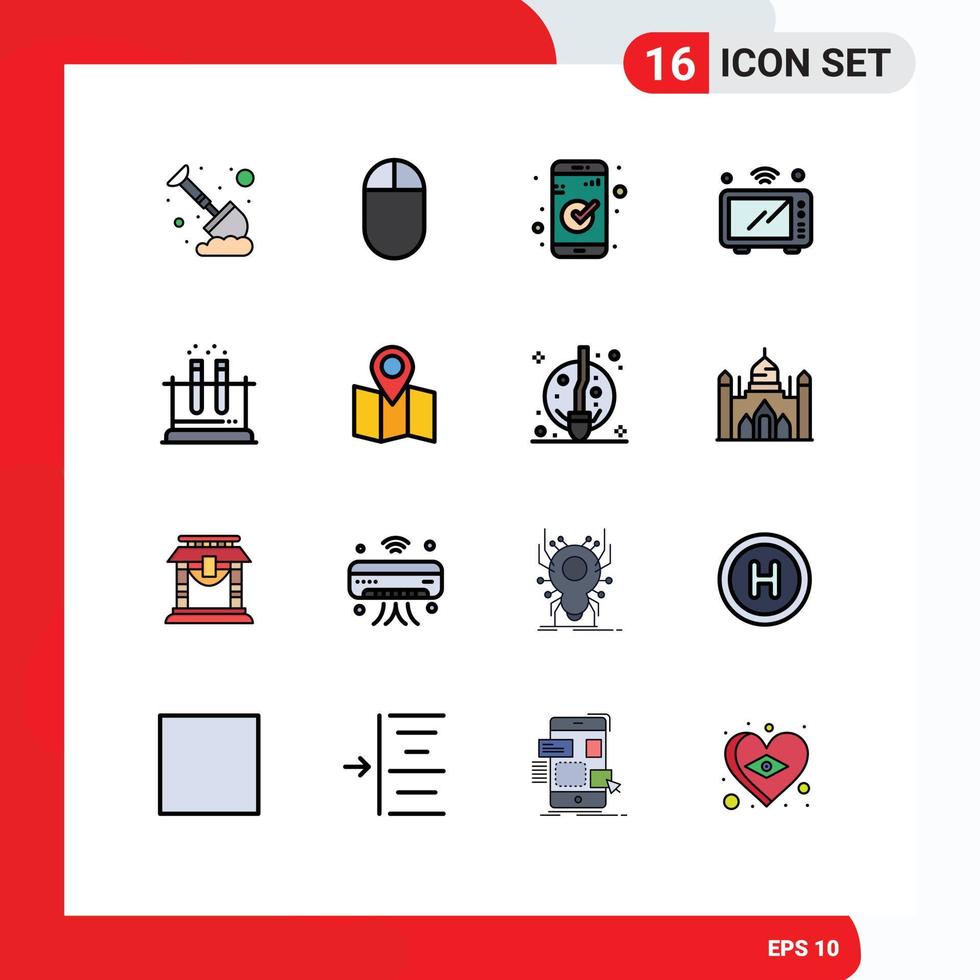 Pictogram Set of 16 Simple Flat Color Filled Lines of tube lab essential wifi microwave Editable Creative Vector Design Elements