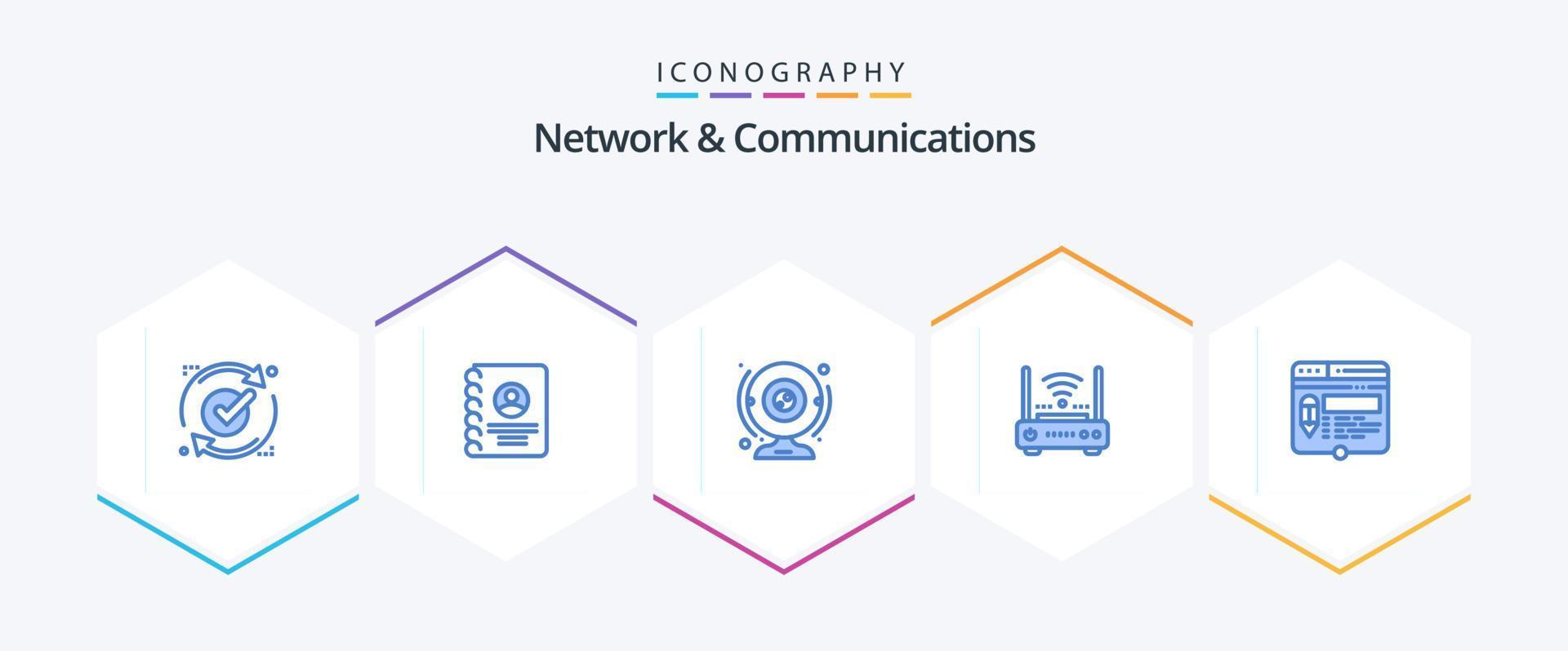 red y comunicaciones 25 paquete de iconos azules que incluye Internet. Wifi. teléfono. enrutador computadora vector