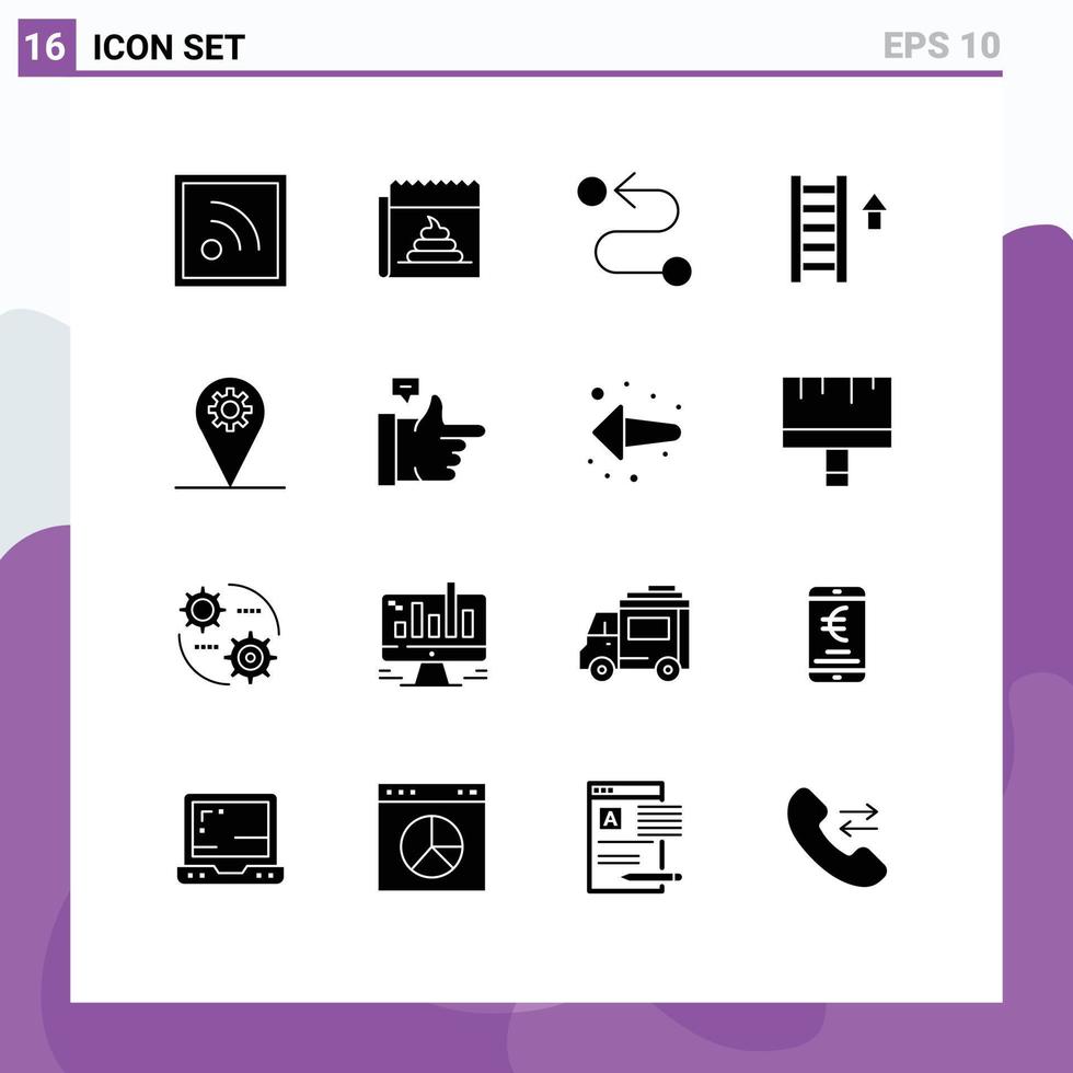 conjunto de pictogramas de 16 glifos sólidos simples de mapa destino de negocios flecha escalera elementos de diseño vectorial editables vector