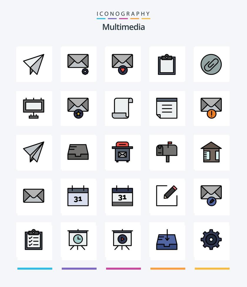 Creative Multimedia 25 Line FIlled icon pack  Such As mail. board. buffer. advertisement. attachment vector