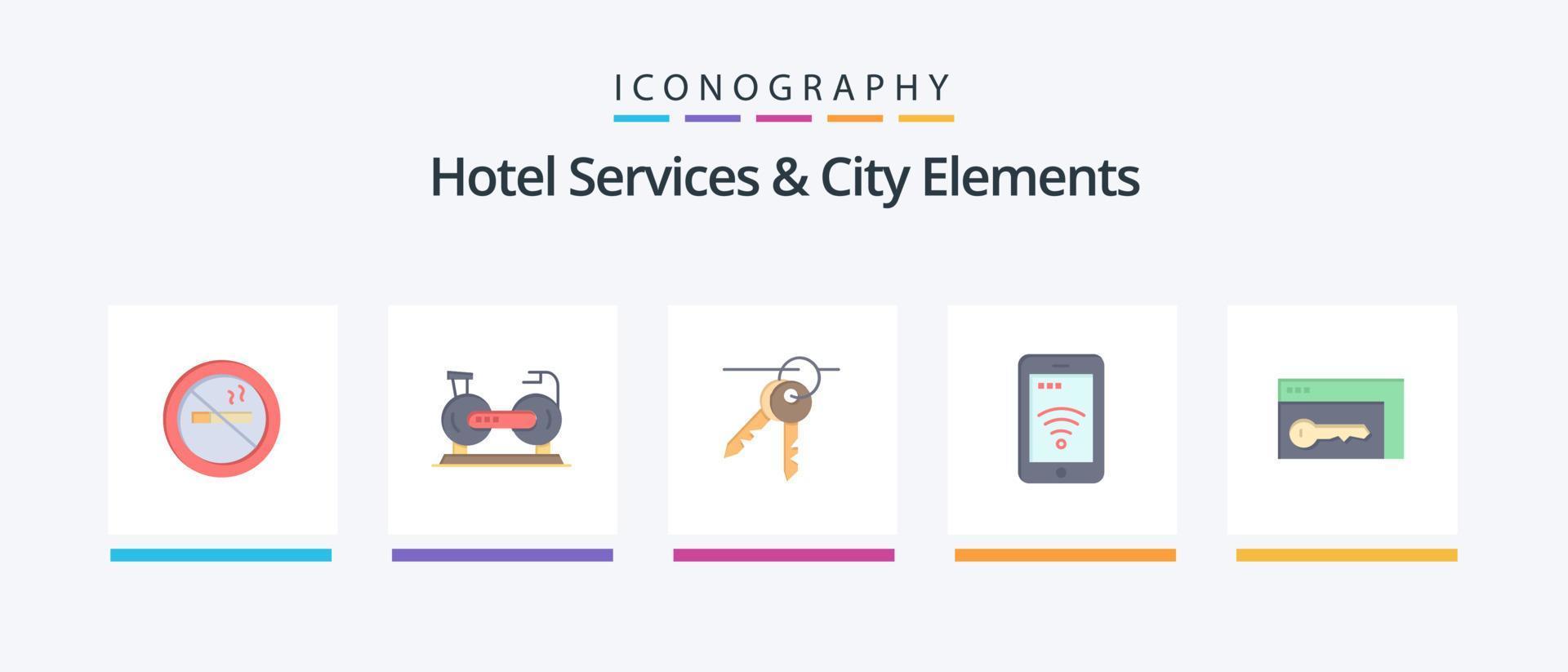 Hotel Services And City Elements Flat 5 Icon Pack Including browser. service. fittness. sign . keys. Creative Icons Design vector