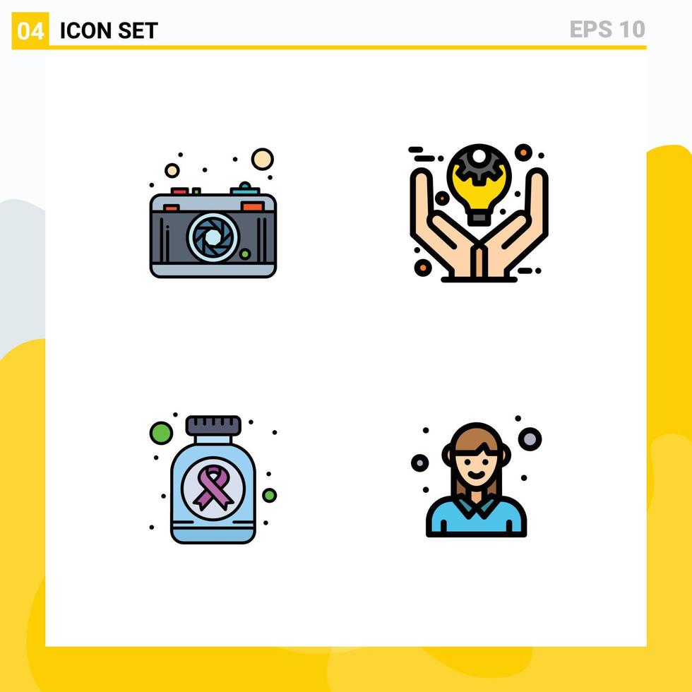 Group of 4 Modern Filledline Flat Colors Set for camera bottle picture management pills Editable Vector Design Elements