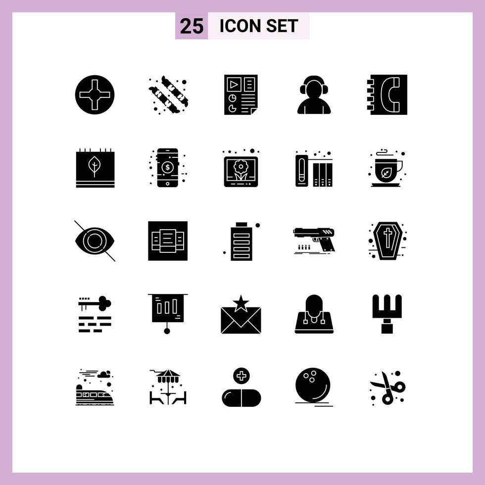 Group of 25 Solid Glyphs Signs and Symbols for contact us book page headphone support Editable Vector Design Elements